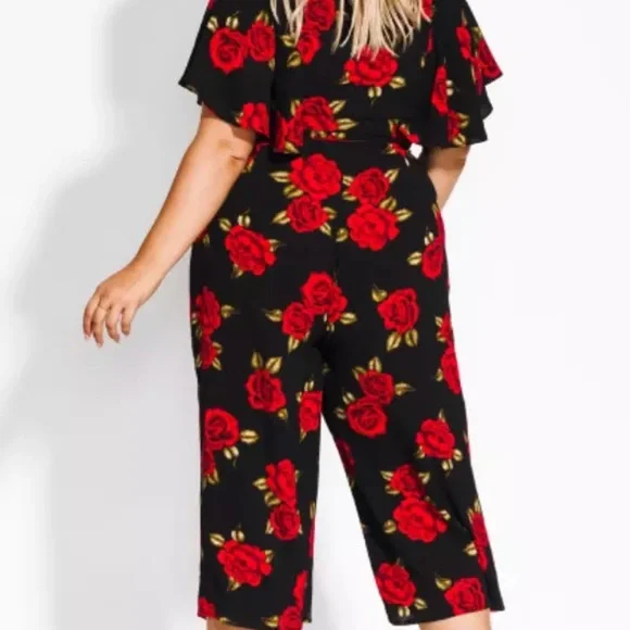 City Chic Jumpsuit Red Rose Black Plus Size 14 wide leg pockets